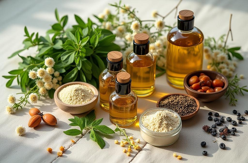Assortment of natural ingredients like herbs, oils, and flowers beautifully arranged